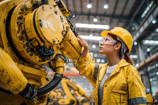 Young engineer inspecting robotic arm in industrial setting during daytime at manufacturing facility