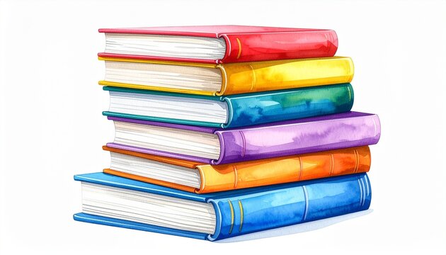 A stack of hardcover books with colorful spines, pages visible, arranged neatly in pile realistic detail isolated on white background
