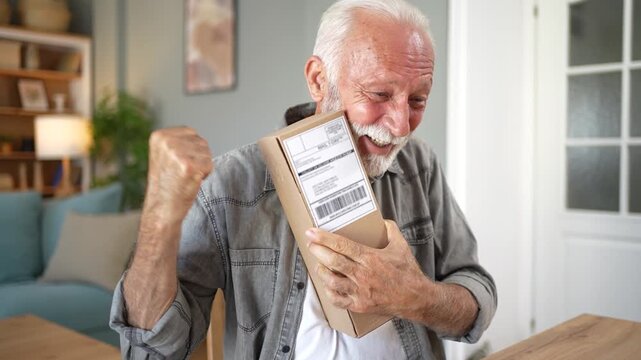 Happy senior man receiving a delivery package