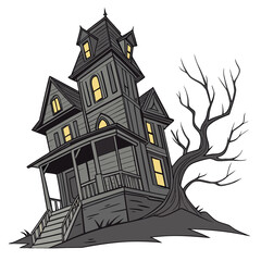 Spooky grey haunted house with bare tree creepy gothic