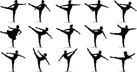 Silhouette collection of ballet dancers performing leg extension poses, elegant female dance movement, flexibility, balance, artistic performance, isolated black illustration for choreography, fitness