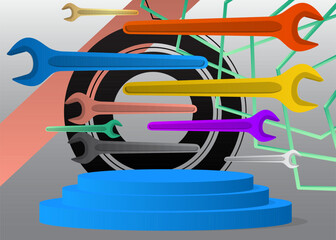 Mockup product display with  Wrench. Vector cylinder pedestal podium. Stage showcase for presentation. Minimal geometric forms.