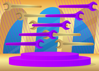 Mockup product display with  Wrench. Vector cylinder pedestal podium. Stage showcase for presentation. Minimal geometric forms.