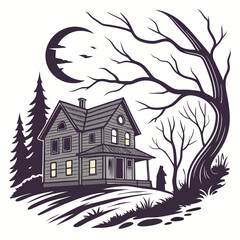 Spooky house under a crescent moon with bare trees