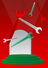 Mockup product display with  Wrench. Vector cylinder pedestal podium. Stage showcase for presentation. Minimal geometric forms.