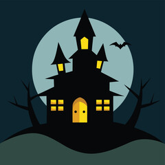 Spooky haunted mansion silhouette against a large full moon on a dark halloween night with a flying bat