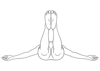 Woman in a supine yoga pose for a deep hip and inner thigh stretch. Line art of a flexibility exercise like Ananda Balasana. Fitness and wellness vector.

