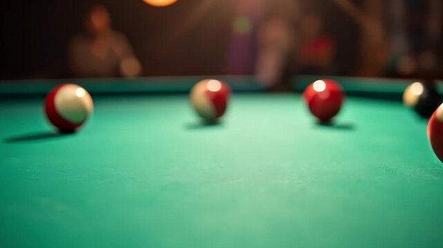 Billiard table with balls on a green surface, 4k natural High-Quality Sports video Footage

