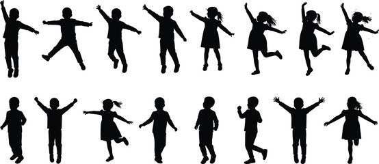 Silhouette collection of children playing, jumping, dancing, running with raised arms, isolated on white background, happy kids figures, joyful childhood activity vector illustration