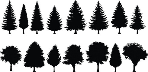 Fototapeta premium Silhouette collection of different tree species, including pine, spruce, oak, and deciduous trees, isolated on white background, natural forest illustration set, nature design