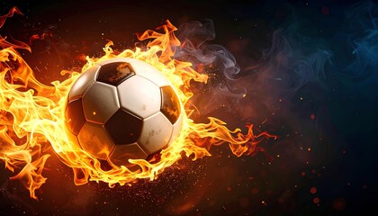 A soccer ball burning in flames against a dark background with space for text.