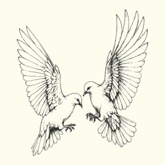 Elegant sketch of two doves in flight, symbol of peace, love, and harmony in vintage illustration style.