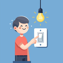 Cartoon Man Turning on Light Switch with Glowing Bulb on Blue Wall