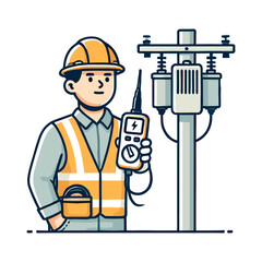 Cartoon Character Lineman with Safety Helmet Inspecting Electrical Equipment with White Background