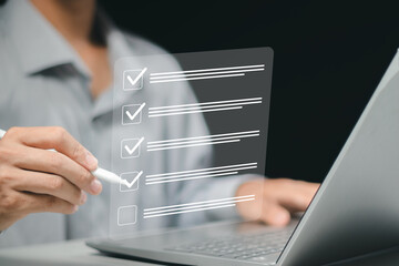 Digital Checklists for efficient business management, Businessman touching marking on checklist guide to paperless assessment and Future Success, Streamlining operations with online surveys.