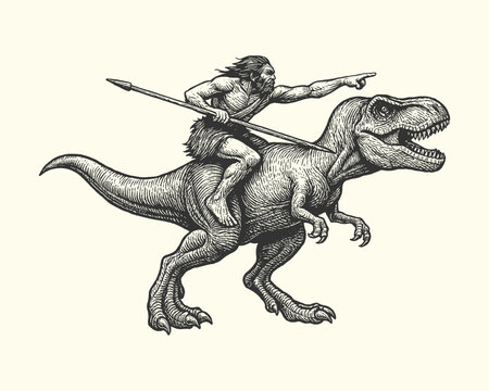 Fantasy engraving illustration of caveman riding a dinosaur with spear, prehistoric concept.