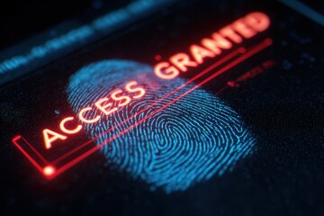 Close-up of a fingerprint scanning a digital interface, with the word "ACCESS GRANTED" displayed. Biometric security, identity verification