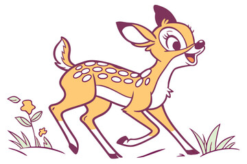 Cartoon Fawn Running Happily Through Grassy Meadow with White Spots Art