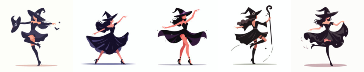 vector of a woman in a witch costume dancing at a Halloween celebration
