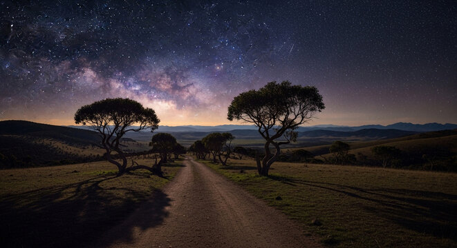 Stunning Milky Way over peaceful rural landscape with dirt road and trees, perfect for travel ads and inspirational posters, evoking wonder and adventure - Powered by Adobe