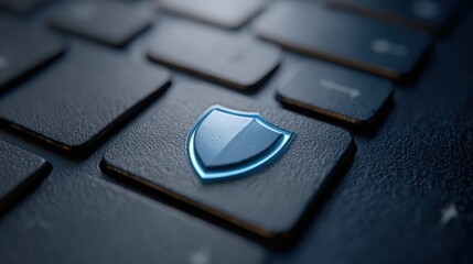 Cybersecurity concept still life: shield icon light projection on keyboard, cool blue keylight, low angle, clean corporate tech look, copy space right