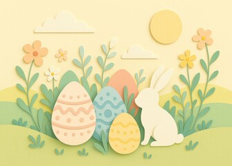 Easter Bunny and Eggs Paper Cut Illustration
