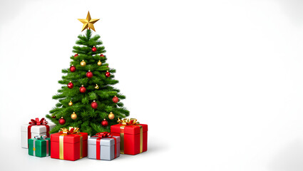 Decorated christmas tree with gifts underneath ready for festive holidays