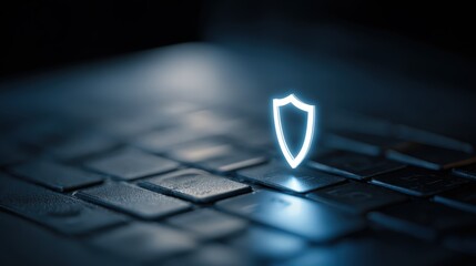 Cybersecurity concept still life: shield icon light projection on keyboard, cool blue keylight, low angle, clean corporate tech look, copy space right 