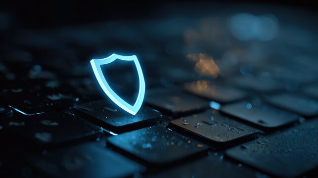 Cybersecurity concept still life: shield icon light projection on keyboard, cool blue keylight, low angle, clean corporate tech look, copy space right