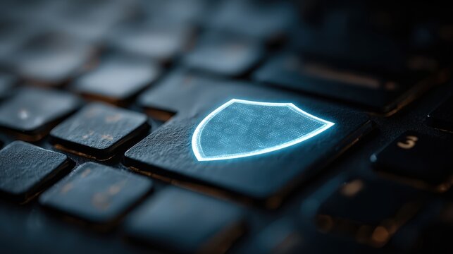 Cybersecurity concept still life: shield icon light projection on keyboard, cool blue keylight, low angle, clean corporate tech look, copy space right 