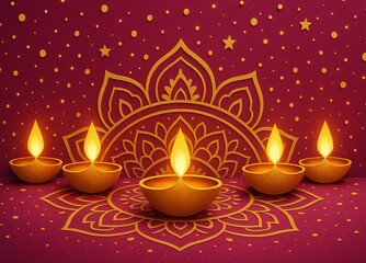 Diwali Diyas with Golden Mandala Paper-Cut Background