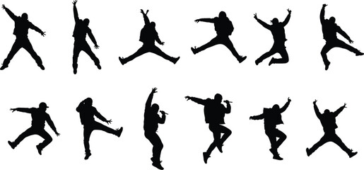 Silhouette collection of male dancers in dynamic jump poses, hip hop dance, street style performance, expressive body movement, isolated black illustration for fitness, creativity design