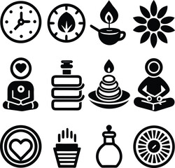 Serene wellness icons meditation yoga zen spa relaxation symbols for calmness and inner peace