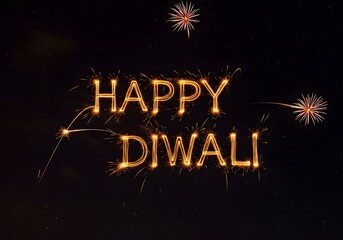 Fototapeta premium Happy diwali text formed by bright orange sparklers against a dark night sky, with small bursts of fireworks adding to the festive atmosphere