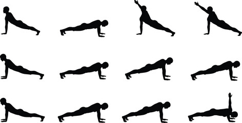 Silhouette collection of man doing push up exercise, fitness workout positions, body strength training, gym sport routine, isolated black vector illustration set