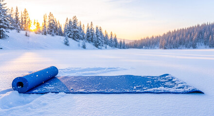 Yoga mat on snow-covered landscape during winter sunrise, copy space  