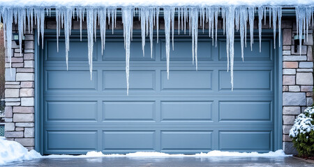 Icicles hanging from garage door with snow on the ground in winter  