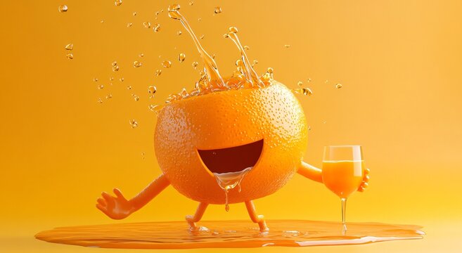 A happy anthropomorphic orange character splashing juice with a glass of orange juice beside it
