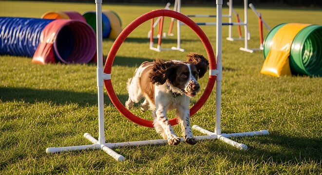 Energetic springer spaniel leaping through agility hoop in sunny field