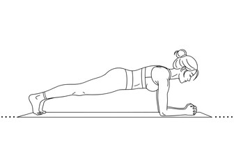 Woman doing a Forearm Plank exercise for core strength and stability. A foundational fitness and yoga pose. Minimalist line art vector for an ab workout concept.

