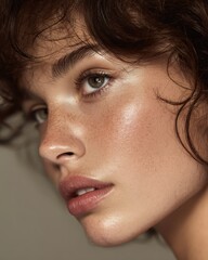 clean beauty portrait, dewy skin, minimal makeup, soft side light, neutral backdrop 
