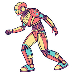 Yellow pink and teal robot walking forward android