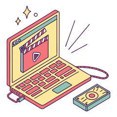 Yellow laptop with clapperboard on screen and remote control