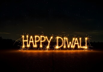 Diwali celebration with happy diwali written in bright sparklers on a dark, starry night, showcasing the festival of lights with glowing trails and festive sparks, evoking a sense of wonder and joy