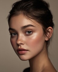 Naklejka premium clean beauty portrait, dewy skin, minimal makeup, soft side light, neutral backdrop 