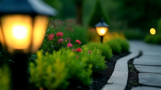 A Black Lantern Illuminates a Stone Path in a Lush Garden with Greenery During Dusk 
