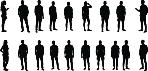 Silhouette collection of men and women standing in different poses, casual clothing, full body figures, isolated on white background, modern vector illustration