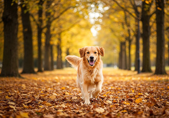 Golden retriever running joyfully through an autumn park covered with colorful fallen leaves, warm sunlight filtering through trees, seasonal cozy atmosphere, realistic stock photo style