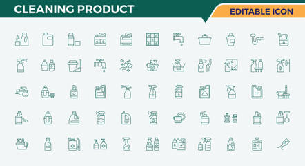 Cleaning Product icon set. Isolated icons. Pictograms of sanitizer, dishwasher, washer, disinfect, house, cleaning product. Editable stroke. Pixel Perfect. Disinfection line icon set. © Cats2udio