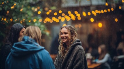 courtyard in drizzle, string lights bokeh, cozy blankets, candid smiles 